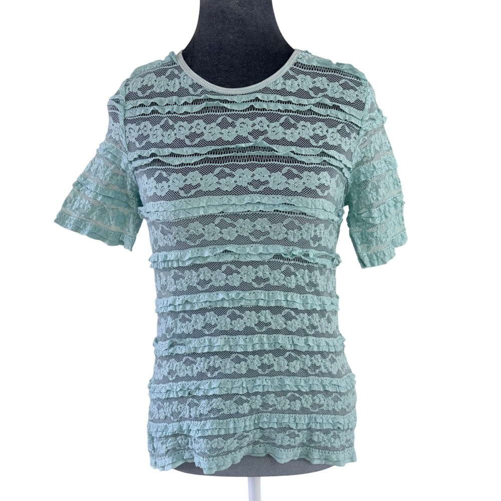 Karen Kane Romantic Shabby Chic Mint Green Lace Ruffle Tiered Short Sleeve Top L